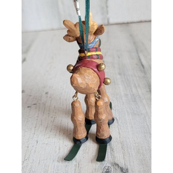 Rustic snow skiing reindeer Bell ornament Xmas jointed - Picture 5 of 7